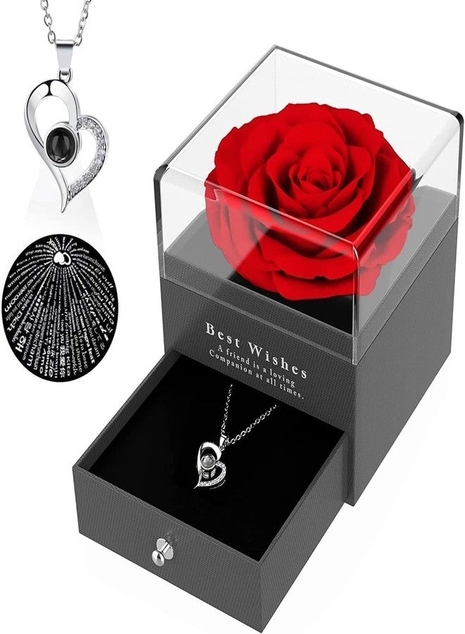 Galox قلادة جالوكس هدية مثالية للزوجة أو الحبيبة، قلادة على شكل قلب معروض عليها عبارة "أحبك" بـ 100 لغة، مع وردة حمراء في علبة أنيقة، هدية مثالية لأعياد الميلاد، والخطوبة، والزواج، والذكرى السنوية، وعيد الأم. - Image 1
