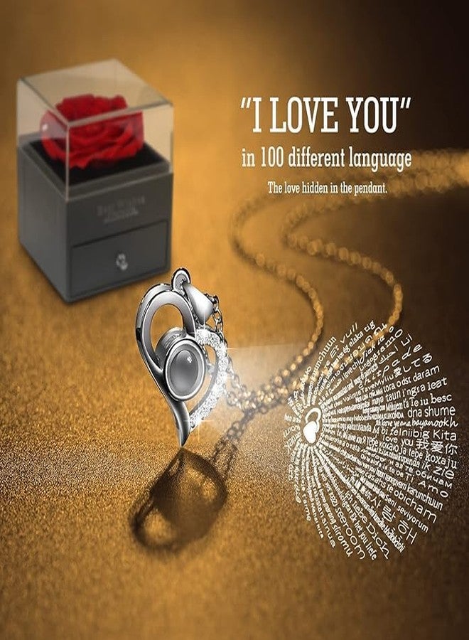 Galox قلادة جالوكس هدية مثالية للزوجة أو الحبيبة، قلادة على شكل قلب معروض عليها عبارة "أحبك" بـ 100 لغة، مع وردة حمراء في علبة أنيقة، هدية مثالية لأعياد الميلاد، والخطوبة، والزواج، والذكرى السنوية، وعيد الأم. - Image 2