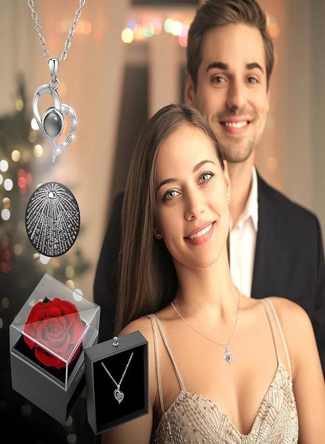 Galox قلادة جالوكس هدية مثالية للزوجة أو الحبيبة، قلادة على شكل قلب معروض عليها عبارة "أحبك" بـ 100 لغة، مع وردة حمراء في علبة أنيقة، هدية مثالية لأعياد الميلاد، والخطوبة، والزواج، والذكرى السنوية، وعيد الأم. - Image 4