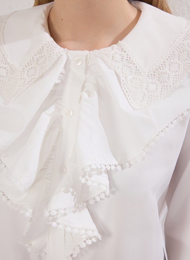 trendyol Ecru Lace Collar Woven Shirt with Ruffle Detail on the Front - Image 3