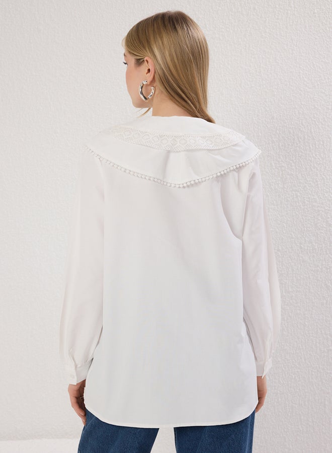 trendyol Ecru Lace Collar Woven Shirt with Ruffle Detail on the Front - Image 4
