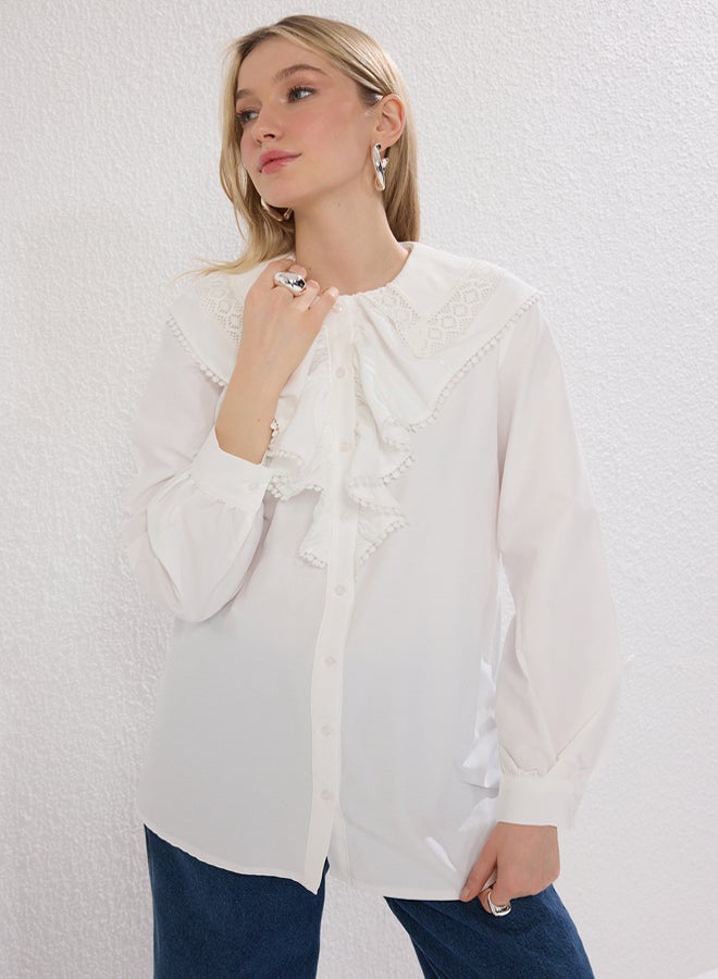 trendyol Ecru Lace Collar Woven Shirt with Ruffle Detail on the Front - Image 2