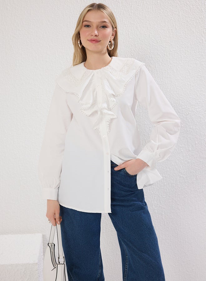 trendyol Ecru Lace Collar Woven Shirt with Ruffle Detail on the Front - Image 1