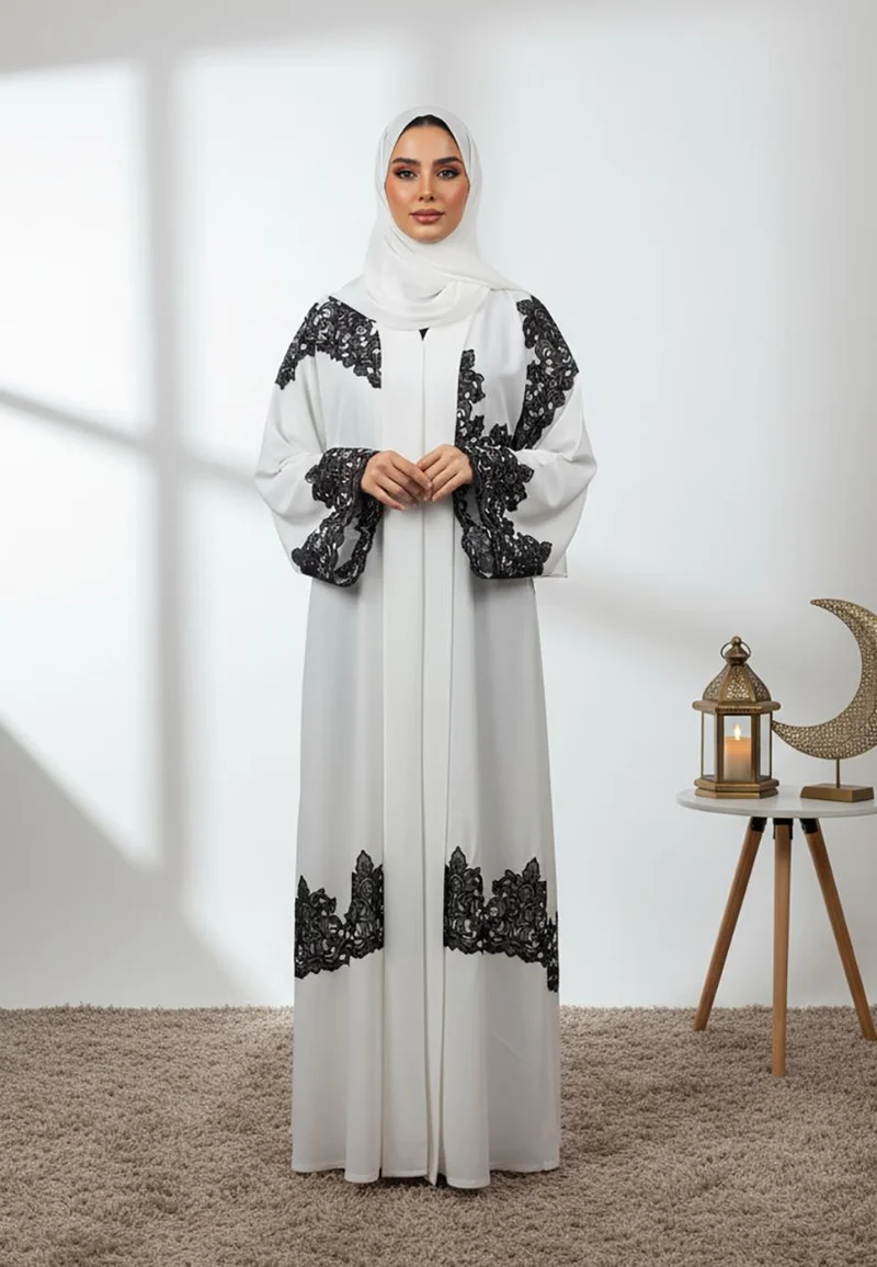 White Contrast Lace Abaya-858