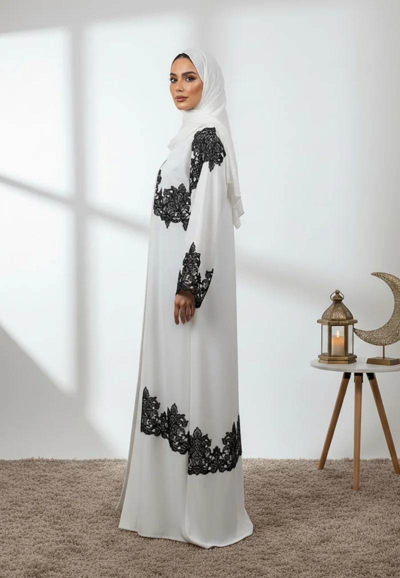 NUKHBAA  White Contrast Lace Abaya-858 for Women | Best Price UAE