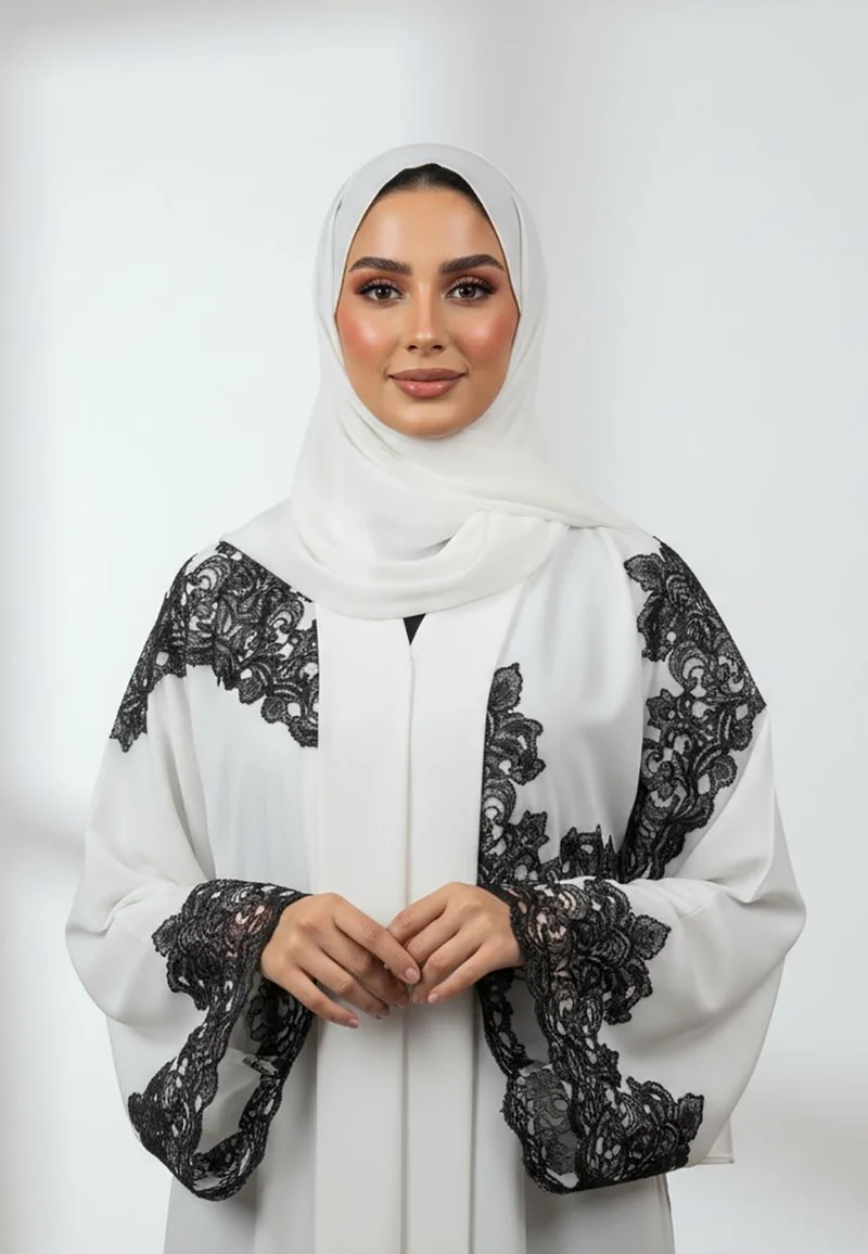 النخبة White Contrast Lace Abaya-858