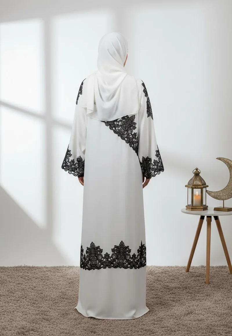 NUKHBAA  White Contrast Lace Abaya-858 for Women | Best Price UAE