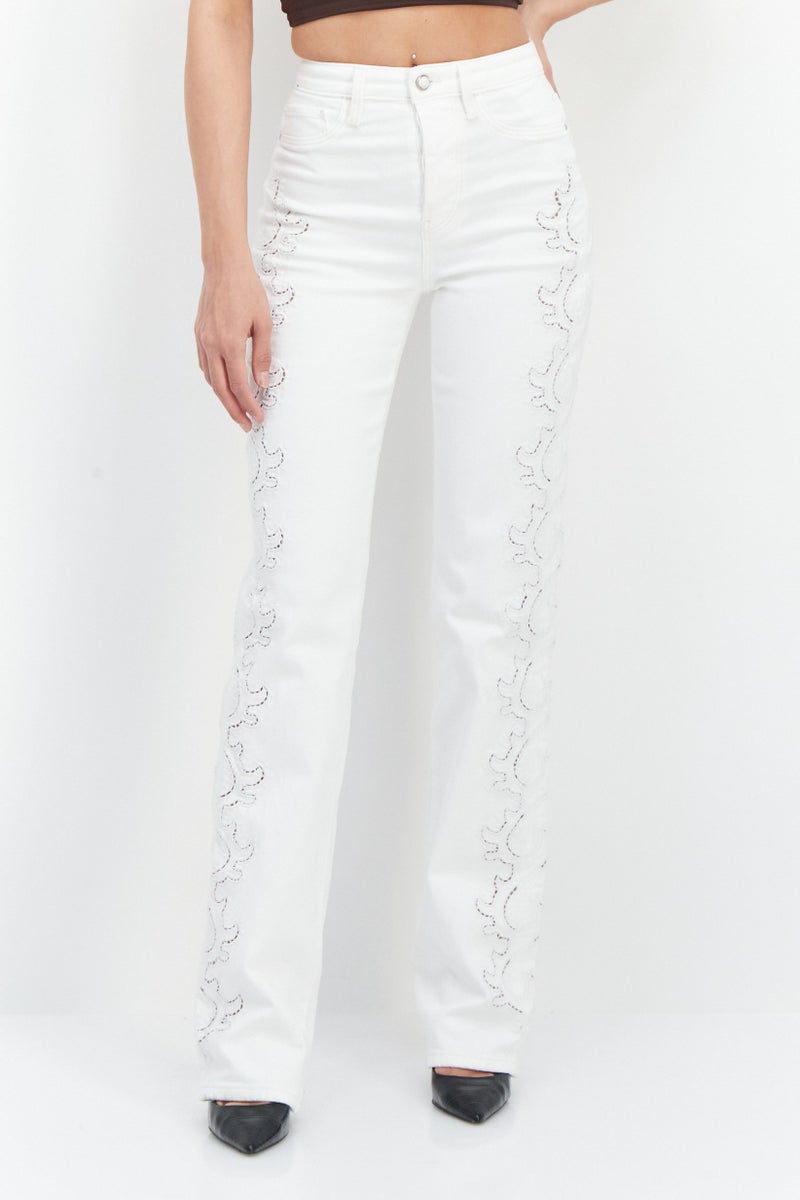 GUESS Women Straight Fit Textured Denim Jeans, White  - Image 1