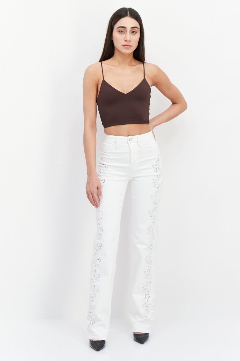 GUESS Women Straight Fit Textured Denim Jeans, White  - Image 2
