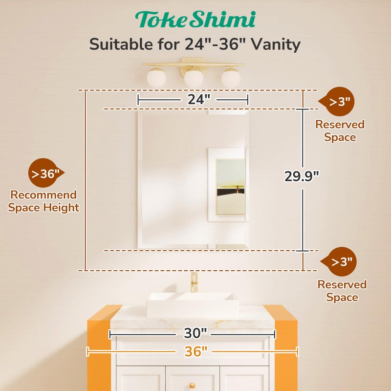 TokeShimi 24x30 Frameless Bathroom Mirror for Over Sink, Tempered Beveled Wall Mirror with 1" Beveled Edge, Shatterproof Rectangle Mirrored for Vanity, Living Room, Entryway, Restroom - Image 2
