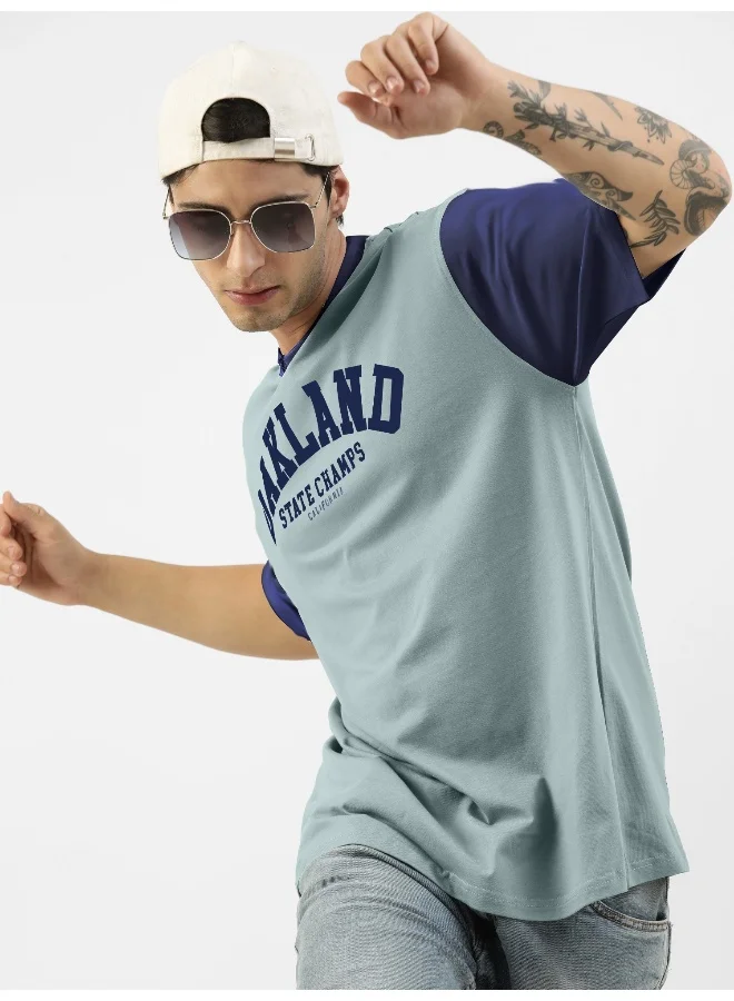 Maniac Mens Printed Round Neck 3/4th Sleeve Light Grey and Navy Cotton Oversized T-Shirt