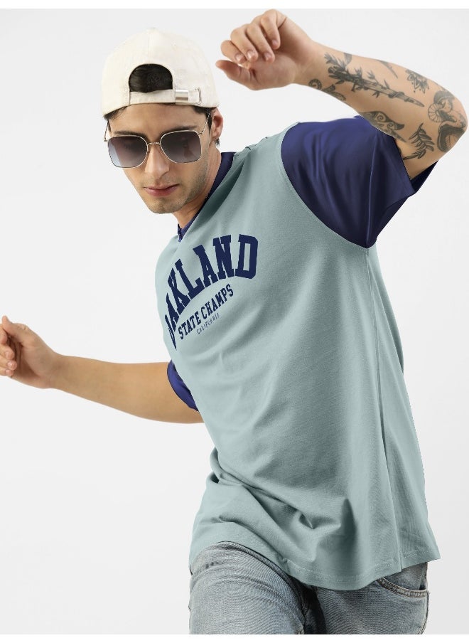 Maniac Mens Printed Round Neck 3/4th Sleeve Light Grey and Navy Cotton Oversized T-Shirt  - Image 3