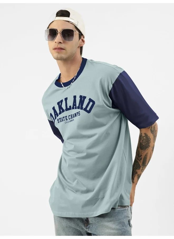 مانياك Mens Printed Round Neck 3/4th Sleeve Light Grey and Navy Cotton Oversized T-Shirt