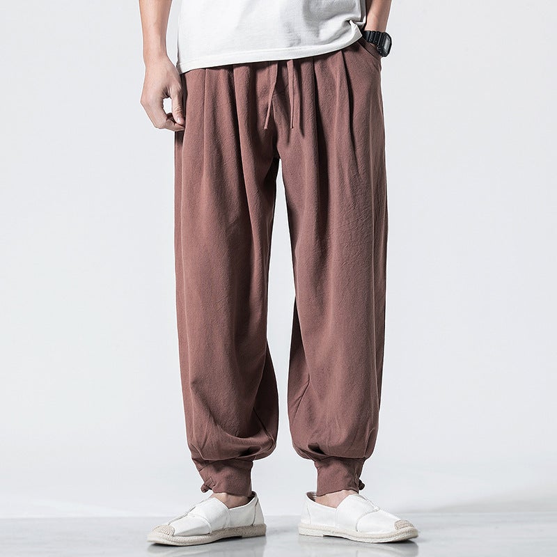 Unisex Cotton Linen Monk Pants Loose Drawstring-free Coffee 