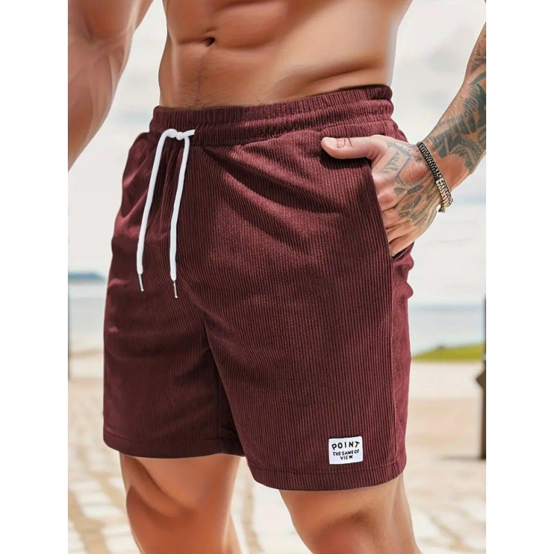 2025 Amazon Summer Solid Color Lace-up Sports Pants Corduroy Simple Shorts Men Shorts Casual Pants Burgundy