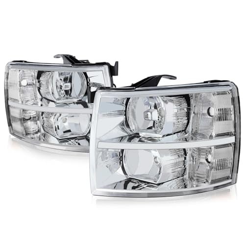 Auto Dynasty Halogen Headlights Assembly Compatible with Chevy Silverado 1500 2500HD 3500 GMT900 2007 2008 2009 2010 2011 2012 2013 2014 Driver and Passenger Side Chrome Housing