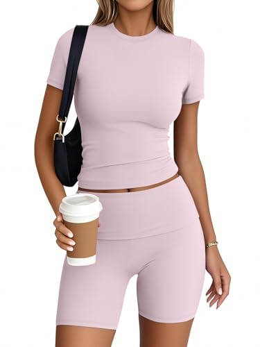 Trendy Queen 2 Piece Summer Cute Workout Sets Gym Short Set Pilates Yoga Outfits Going Out Spring Athletic Comfy Active Wear BabyPink XL - Image 1
