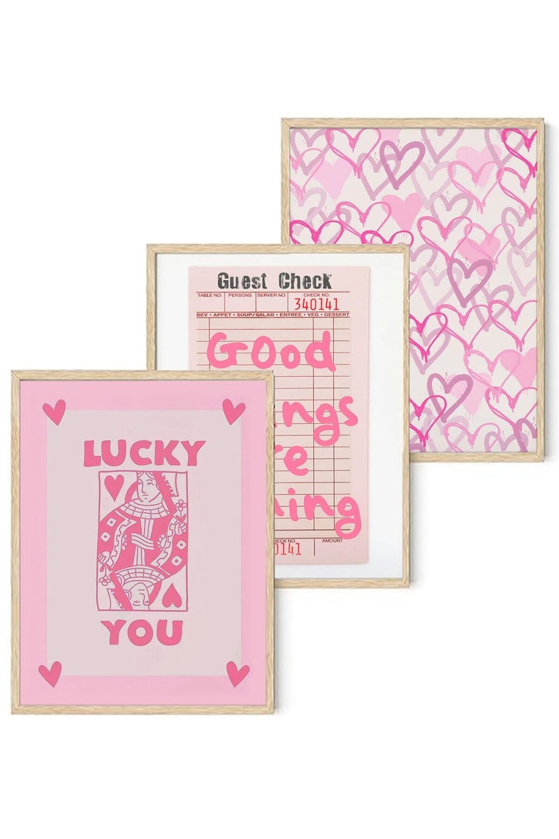 Djmwtb Trendy Preppy Poster Set of 3 Pink Lucky You Canvas Wall Art Prints - Image 1
