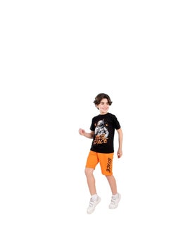 A boys' set with a black formal T-shirt and orange shorts