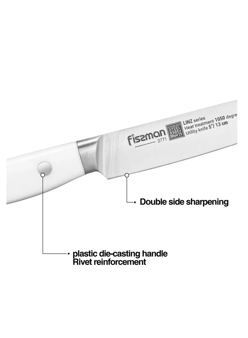 Fissman 5" Utility Knife, Kitchen Knife Ultra Sharp, German X50Cr15MoV Stainless Steel Knife Linz Series | Professional Well-Balanced Kitchen Knife | White ABS Ergonomic Handle for Kitchen, Restaurant
