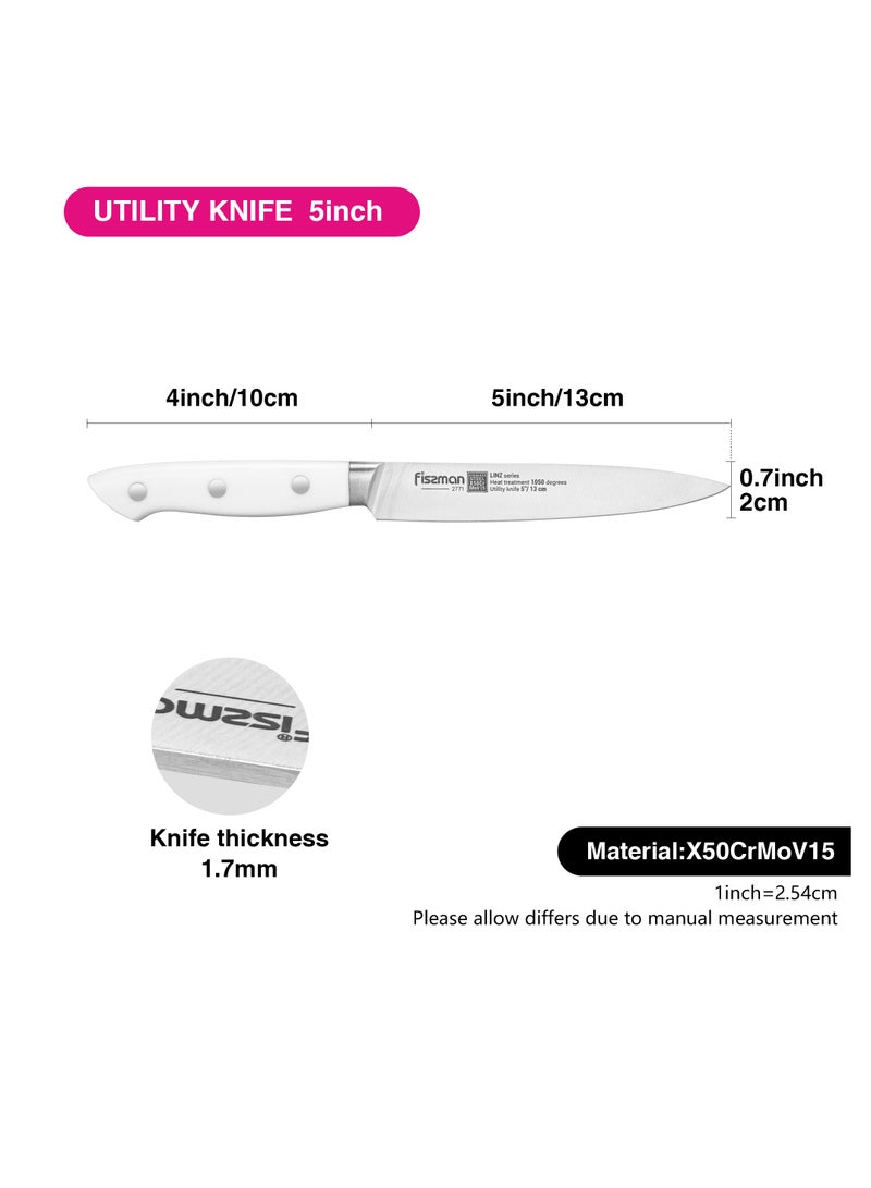 Fissman 5" Utility Knife, Kitchen Knife Ultra Sharp, German X50Cr15MoV Stainless Steel Knife Linz Series | Professional Well-Balanced Kitchen Knife | White ABS Ergonomic Handle for Kitchen, Restaurant  - Image 4