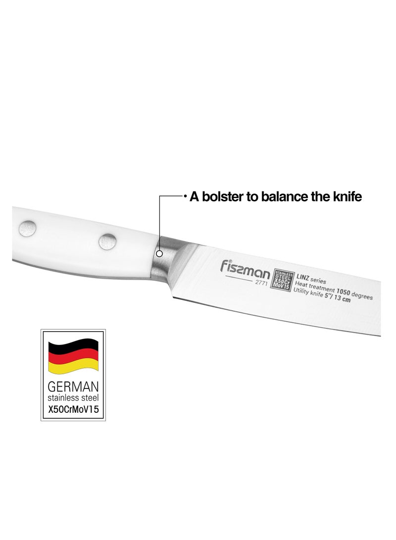 Fissman 5" Utility Knife, Kitchen Knife Ultra Sharp, German X50Cr15MoV Stainless Steel Knife Linz Series | Professional Well-Balanced Kitchen Knife | White ABS Ergonomic Handle for Kitchen, Restaurant  - Image 3