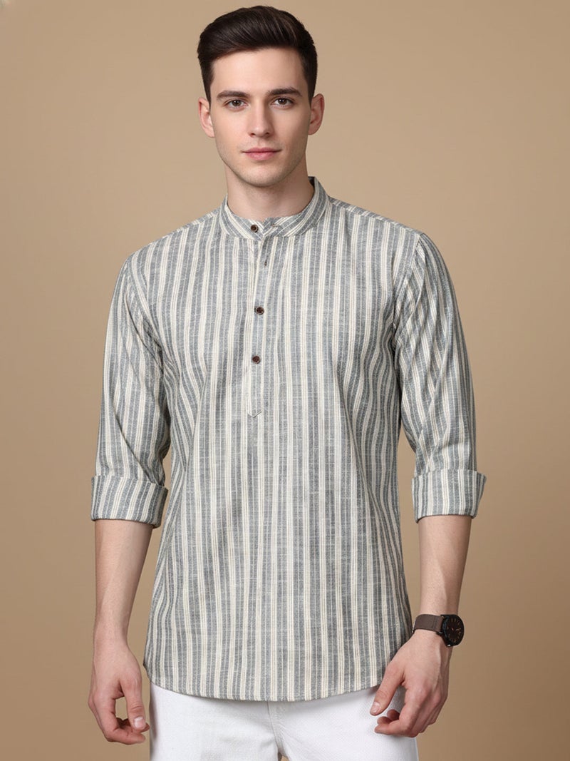 NOZ2TOZ Grey Striped Cotton Blend Kurta for Men - Image 1