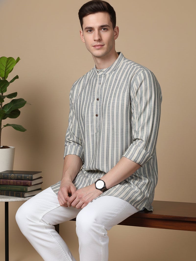 NOZ2TOZ Grey Striped Cotton Blend Kurta for Men - Image 4