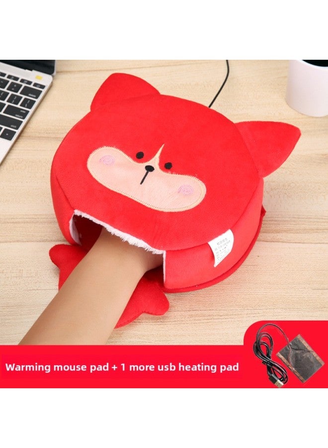 Winter Heating Hand Warmer Mouse Pad With Wrist Guard Winter Mouse Cover Warm Computer Men's Fleece-lined Thickened Gloves-Pattern:Red Little Fox + 1 Extra Usb Heating Piece  - Image 1