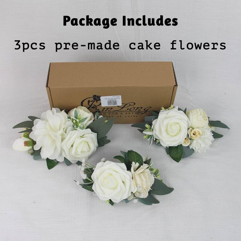 Rinlong 3Pcs Pre-made Cake Flowers Toppers White Green Cake Decorations Wedding Cake Decorating Flowers Decor Birthday Baptism Party Cake Topper - Image 3