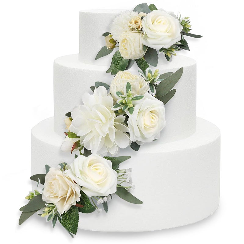 Rinlong 3Pcs Pre-made Cake Flowers Toppers White Green Cake Decorations Wedding Cake Decorating Flowers Decor Birthday Baptism Party Cake Topper - Image 1
