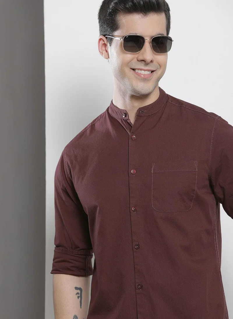 ذا انديان كراج كو Men Regular Fit Solid Full Sleeves Mandarin Collar Casual Shirt