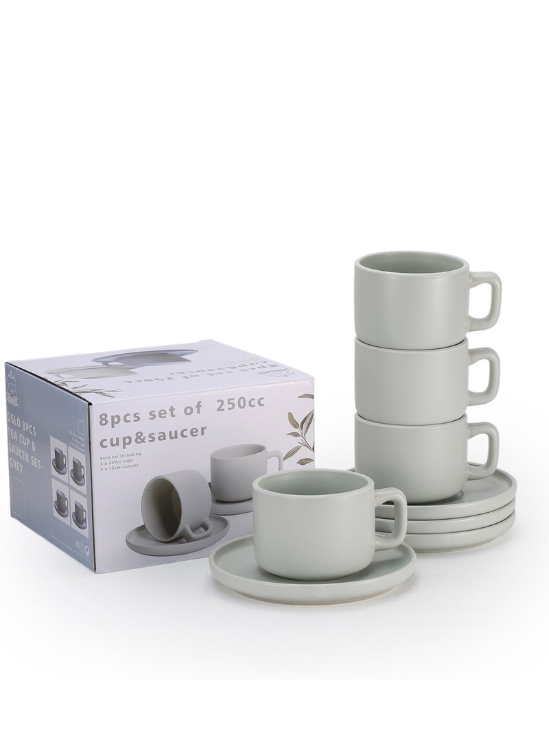 Shallow Stoneware OSLO 8-Piece Tea Cup & Saucer Set-250ml -  Ceramic Crockery| 4×250ml Tea Cups & 4×Matching Saucers - Image 5