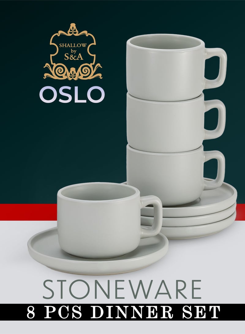 Shallow Stoneware OSLO 8-Piece Tea Cup & Saucer Set-250ml -  Ceramic Crockery| 4×250ml Tea Cups & 4×Matching Saucers - Image 1