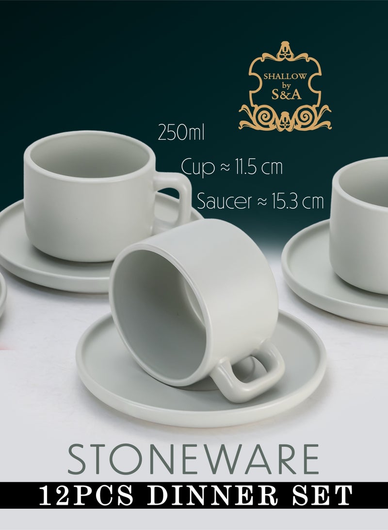 Shallow Stoneware OSLO 8-Piece Tea Cup & Saucer Set-250ml -  Ceramic Crockery| 4×250ml Tea Cups & 4×Matching Saucers - Image 3