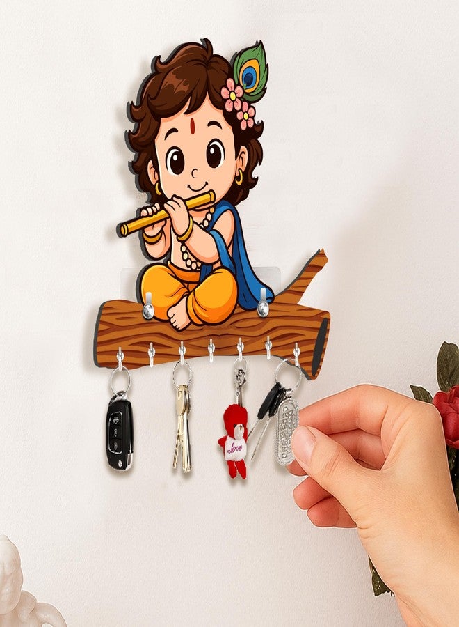 Rousrie Baby Krishna Wooden Key Holder, Brown, No-Drill Wall Mount, Modern Style, 8 Hooks for Home Office Storage - Image 3