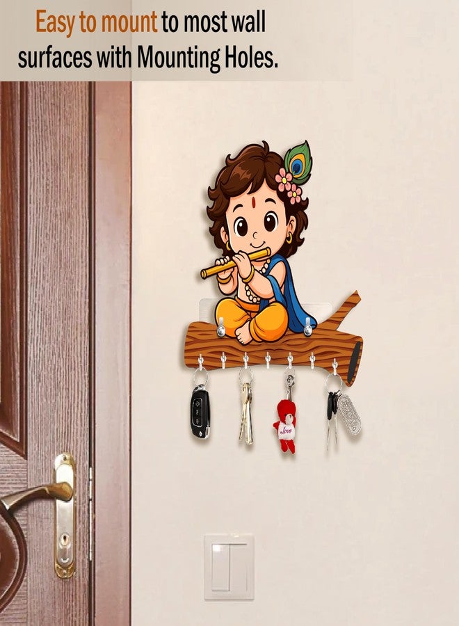 Rousrie Baby Krishna Wooden Key Holder, Brown, No-Drill Wall Mount, Modern Style, 8 Hooks for Home Office Storage - Image 4