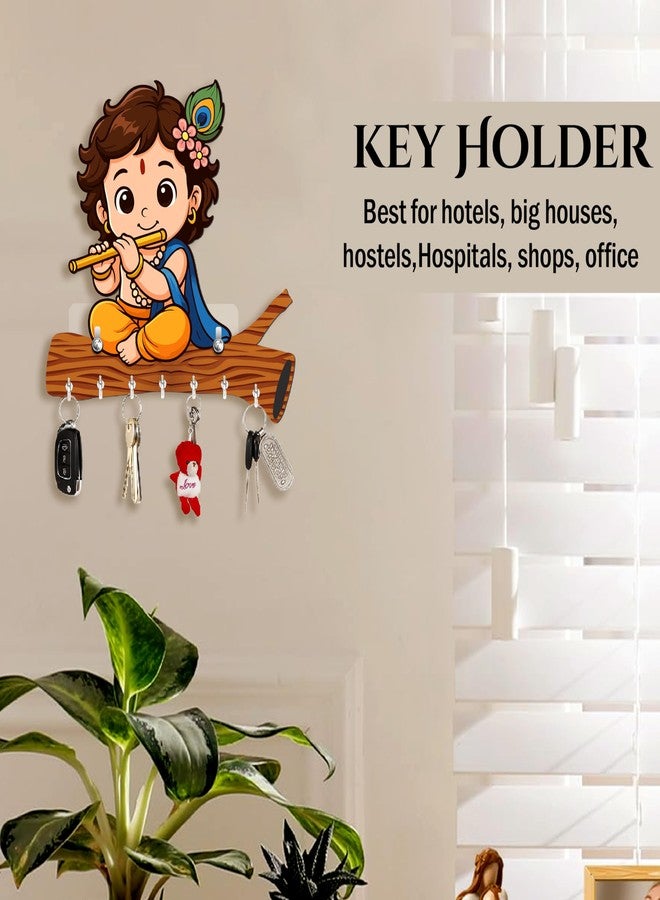 Rousrie Baby Krishna Wooden Key Holder, Brown, No-Drill Wall Mount, Modern Style, 8 Hooks for Home Office Storage - Image 2