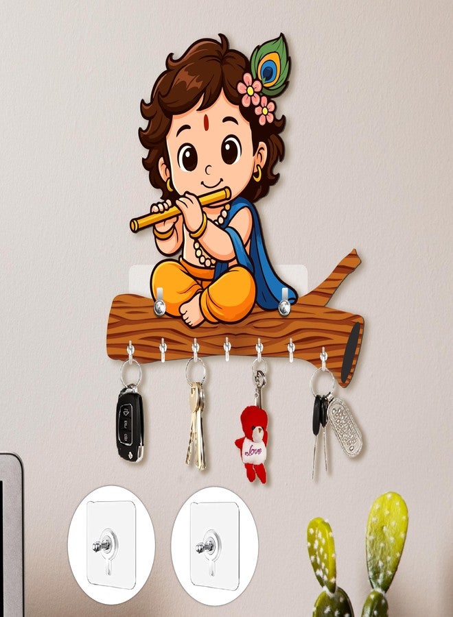 Rousrie Baby Krishna Wooden Key Holder, Brown, No-Drill Wall Mount, Modern Style, 8 Hooks for Home Office Storage - Image 1