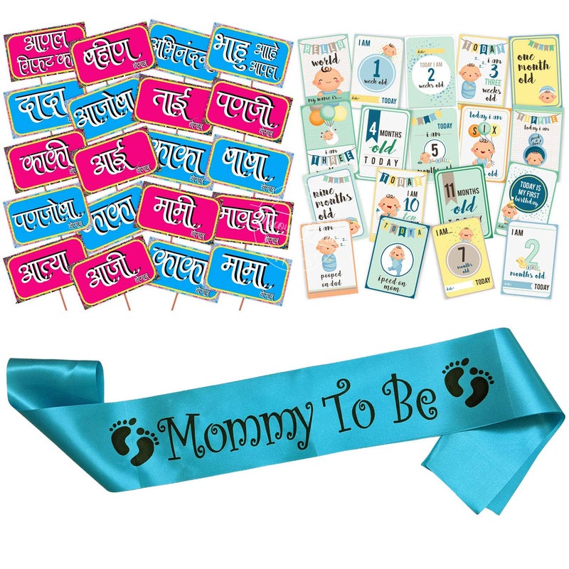 Wobbox Marathi Baby Shower Decoration Items| Baby Shower Ceremony Photo Booth Props for Photoshoot, Milestone Crad& Mom to Be Sash, Godh Bharai Ceremony Decoration Kit-(FP662) - Image 1