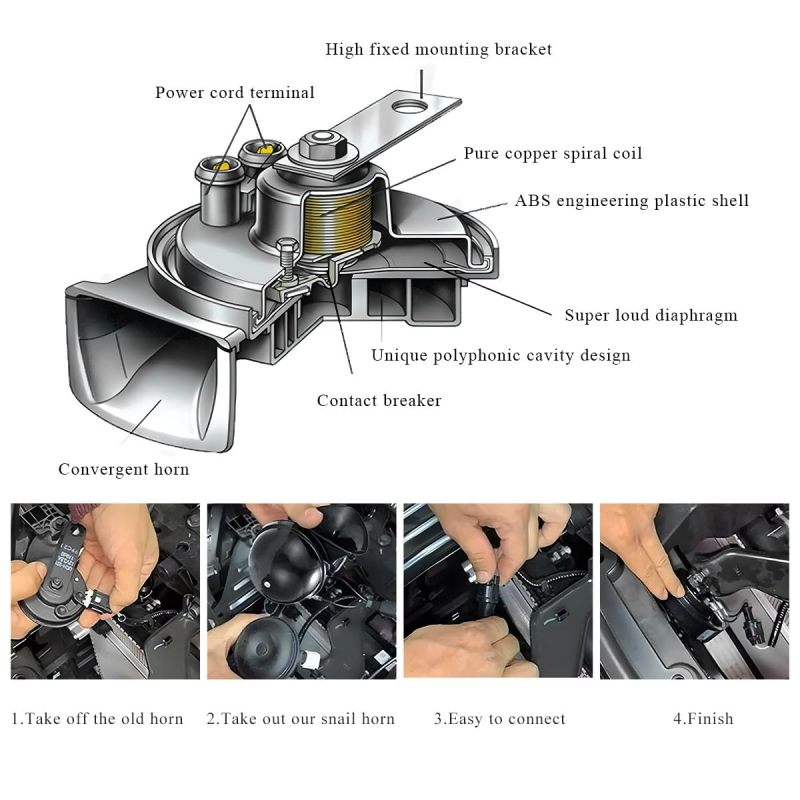 Electric Horn: 12V 105-115 Db Waterproof High-Tone Design - Vortex Snail Cavity Air Horn for 12V Cars Trucks SUVs Motorcycles Boats - Image 3