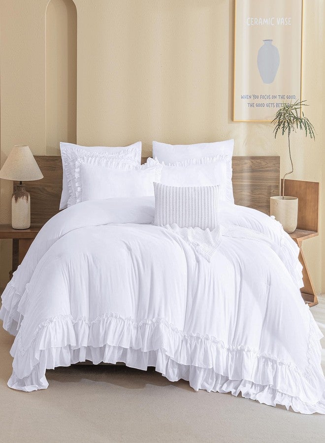 QSH White Ruffled Comforter Twin Size,3PCs Farmhouse Shabby Boho Chic White Bedding Comforter Twin Vintage Lightweight Fluffy Microfiber Bedding Set for Kids - Image 1