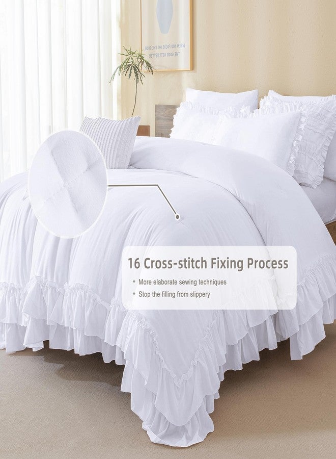 QSH White Ruffled Comforter Twin Size,3PCs Farmhouse Shabby Boho Chic White Bedding Comforter Twin Vintage Lightweight Fluffy Microfiber Bedding Set for Kids - Image 4