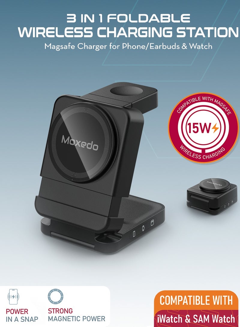 Moxedo Moxedo 3 in 1 Foldable Wireless Charging Station 15W Wireless Stand Magsafe Charger Compatible for iPhone/Earbuds/ iWatch and Huawei Watch  - Image 2