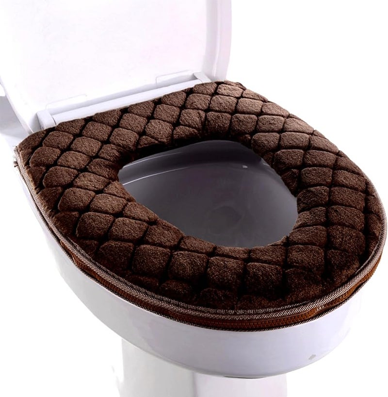 Brown Washable Toilet Seat Cover Pad Soft Cushioned Warmer With Zipper Closure - Image 1