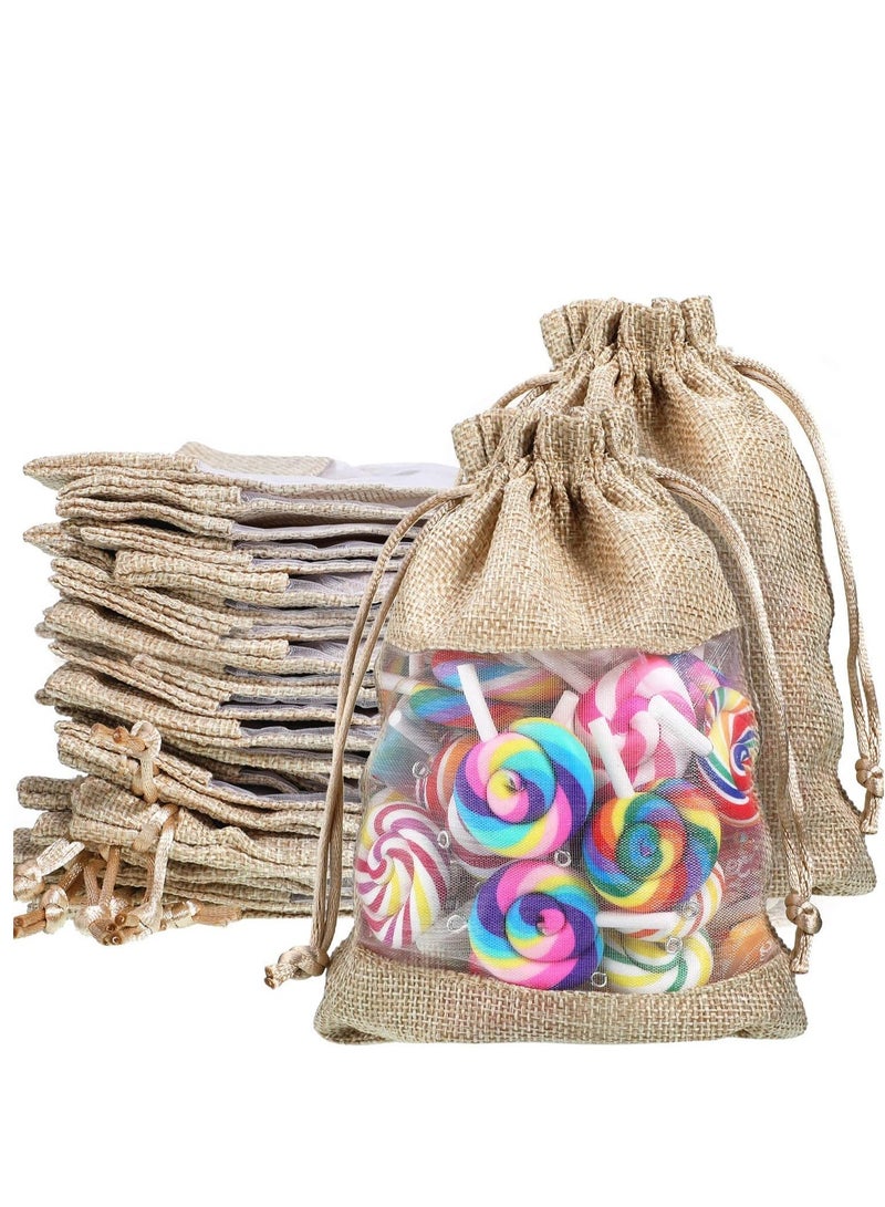 50-Pieces 16x23 Cm Linen Burlap Sheer Bag Organza Bag Burlap Bags With Drawstring For Wedding Party Favors Cosmetic Samples Goodies Mesh Pouch (Flaxen) - Image 1