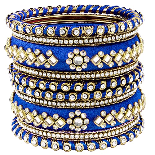 Peora Women Velvet Matching Fancy Silk Thread Blue White Chuda/Chura Bangle Set(Size 2.8) - Image 1