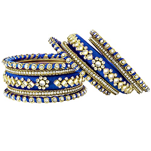 Peora Women Velvet Matching Fancy Silk Thread Blue White Chuda/Chura Bangle Set(Size 2.8) - Image 3
