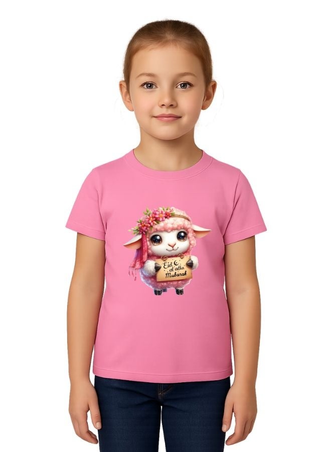 PRINTSHOP4ME Eid Al-Adha Girls T-Shirt | Pink Cotton Tee With Cute Sheep Design|Round Neck Short Sleeve Comfortable Wear For Kids’ Festive Celebrations  - Image 1
