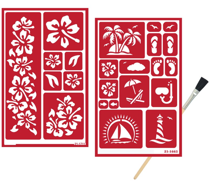 2 Reusable Glass Etching Stencils Set  Beach Themed Etch Stencil  Hibiscus Aloha Hawaii Tiki Inspired Design  Set Includes Brush Total 3 Items